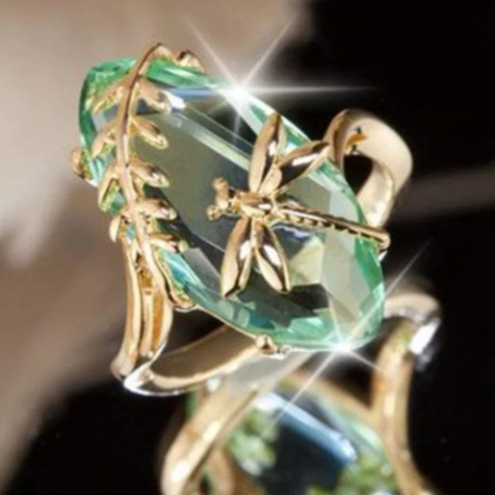 Dragonfly Green Gold Cocktail Ring Big Crystal Statement Ring Reduced Shipping! - Picture 4 of 7